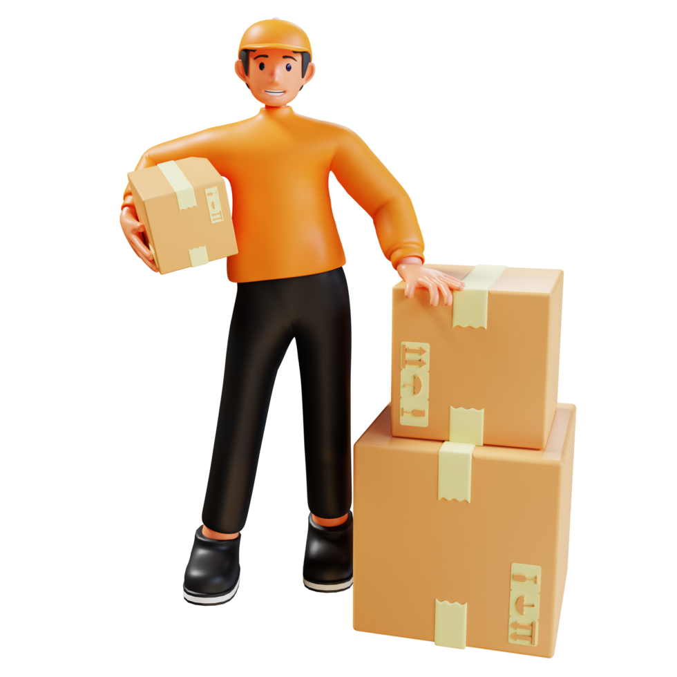 3d render orange courier delivering package png
