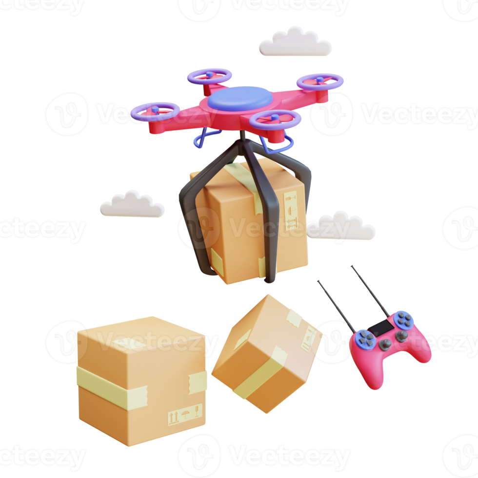 3d render drone courier entregando paquete de caja png