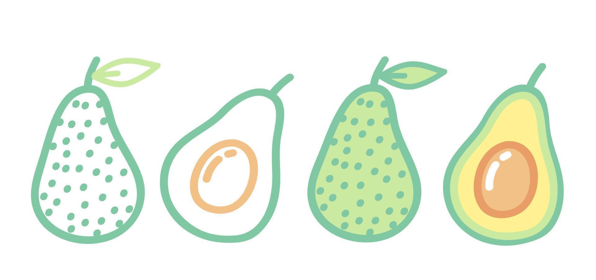 Vector set icons of avocado. Vector illustration of avocado. Hand drawing vegetables.