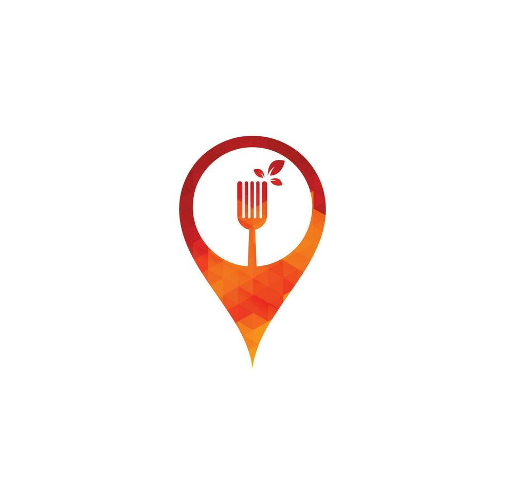 diseño de logotipo de concepto de forma de pin de mapa de alimentos saludables. icono del logotipo de horquilla y hoja. vector