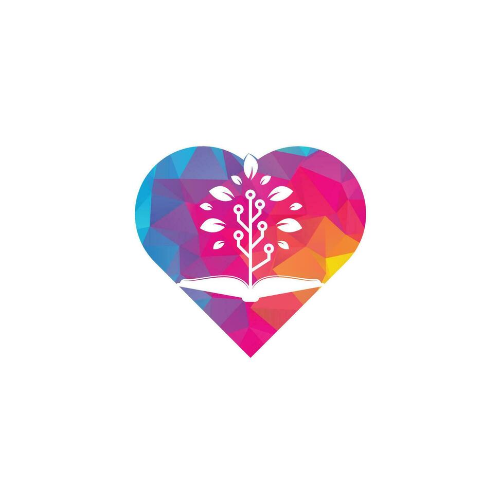 Book and tech tree heart shape concept logo design. Education tech logo design vector
