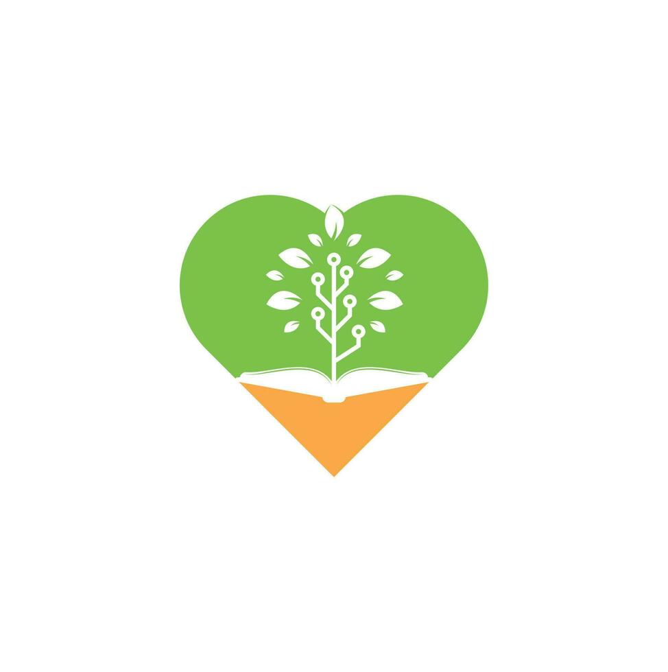 diseño de logotipo de concepto de forma de corazón de árbol tecnológico y libro. vector de diseño de logotipo de tecnología de educación