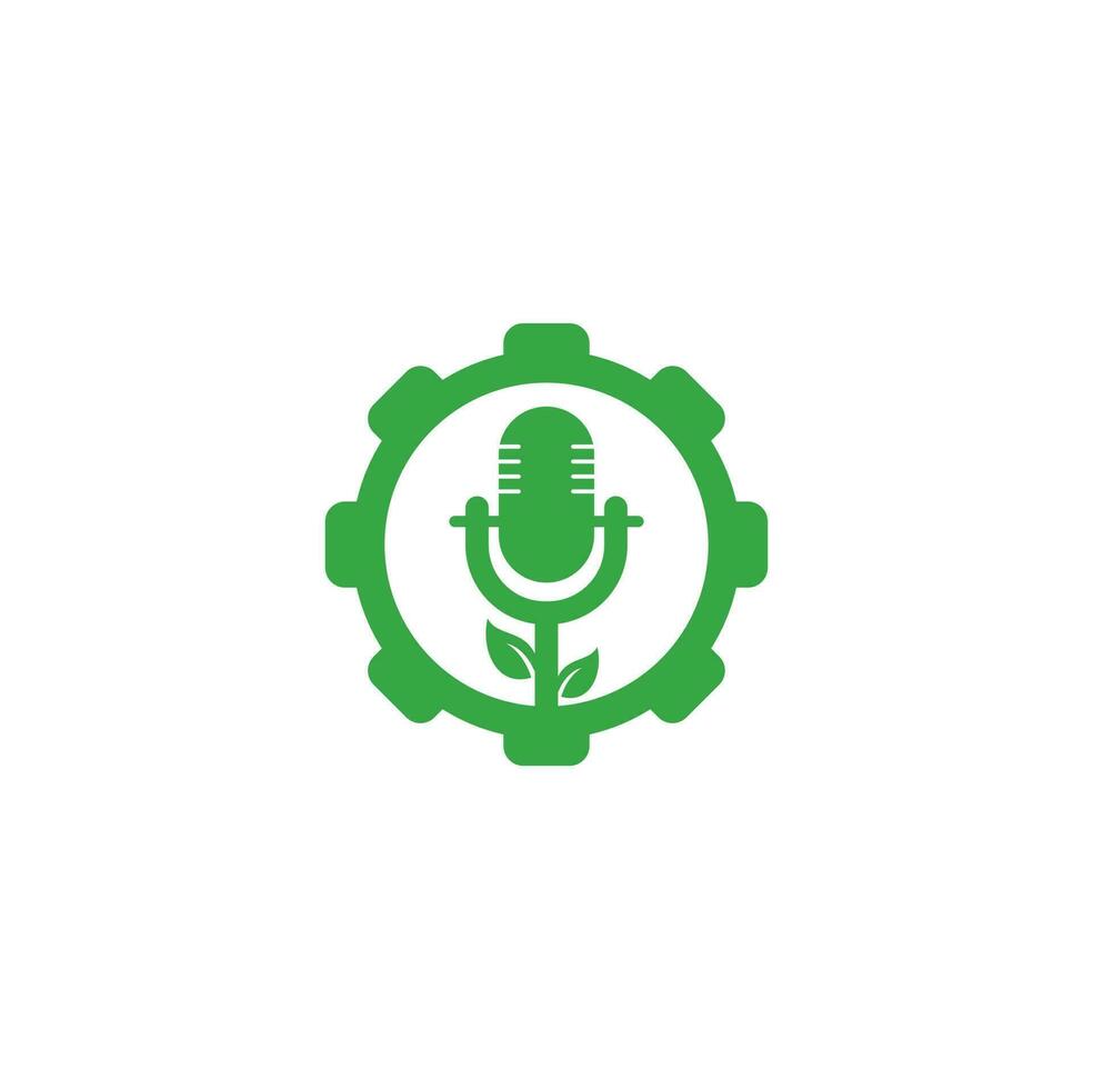plantilla de diseño de logotipo de concepto de forma de engranaje de podcast de hoja. vector de plantilla de logotipo de podcast de naturaleza. logotipo de la naturaleza del podcast.