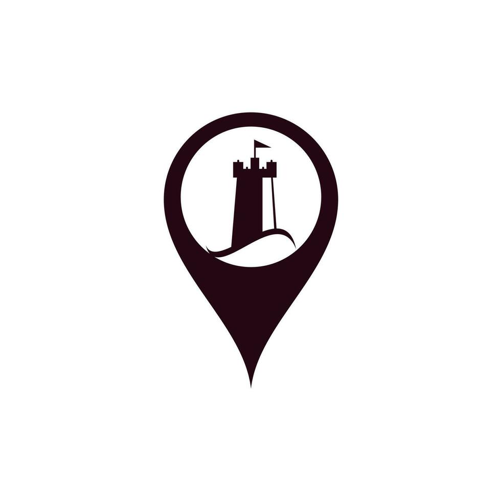 Castle Wave map pin shape concept Logo Vector Icon Illustration. Simple castle and ocean wave logo