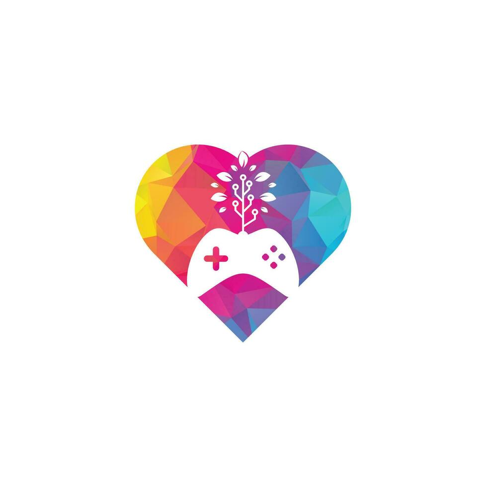 Game and tech tree heart shape concept logo design template. Gaming and leaf logo design template. vector