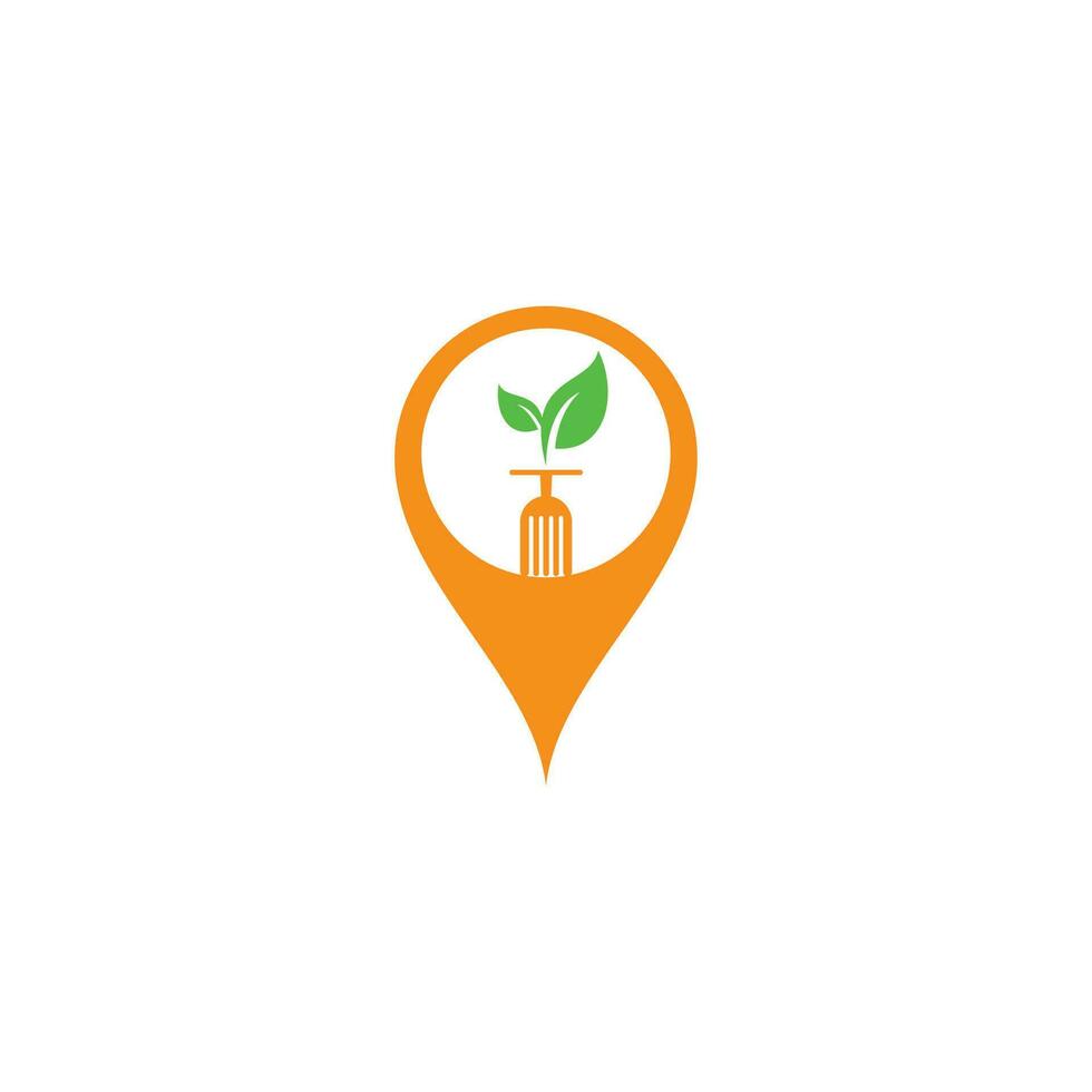 Healthy food map pin shape concept logo template. Organic food logo with spoon and leaf symbol. vector