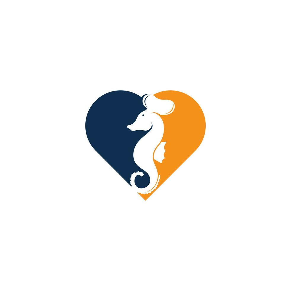 logo de concepto de forma de corazón de mariscos. ilustración de símbolo de tenedor y cuchara de cuchillo de chef de caballito de mar. plantilla de diseño de logotipo de chef y caballito de mar vector