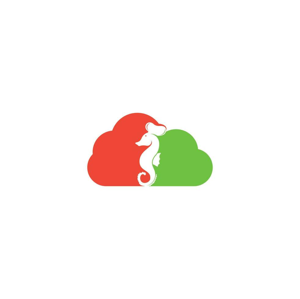 logo de concepto de forma de nube de mariscos. ilustración de símbolo de tenedor y cuchara de cuchillo de chef de caballito de mar. plantilla de diseño de logotipo de chef y caballito de mar vector