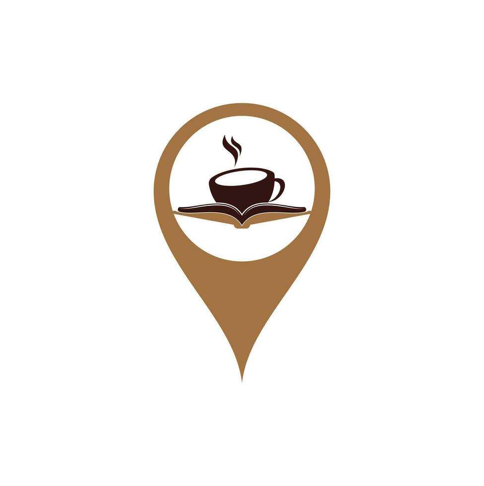 café libro mapa pin forma concepto vector logo diseño. logo icónico de la librería de té