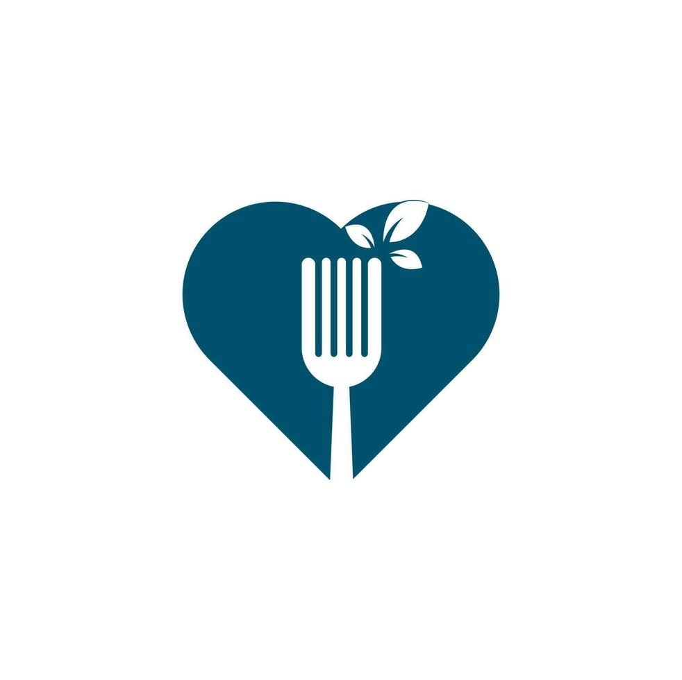 diseño de logotipo de concepto de forma de corazón de alimentos saludables. icono del logotipo de horquilla y hoja. vector