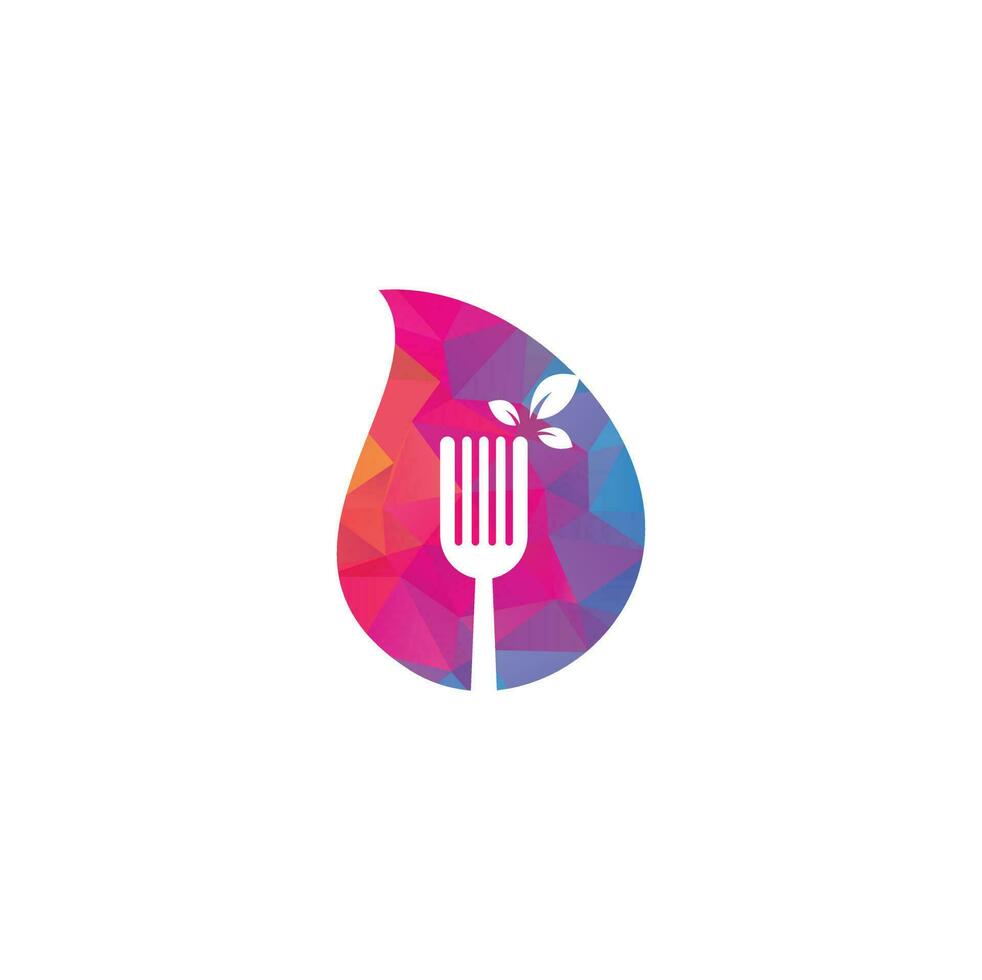 diseño de logotipo de concepto de forma de gota de alimentos saludables. icono del logotipo de horquilla y hoja. vector