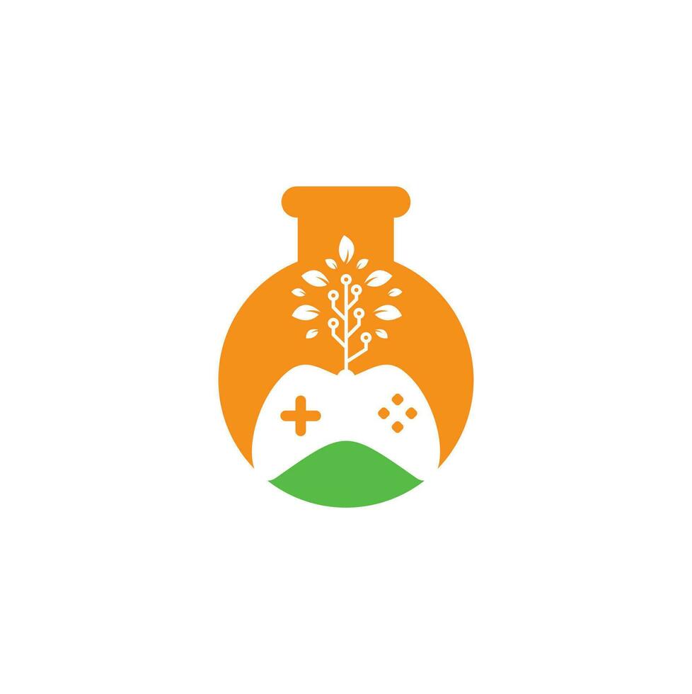 Game and tech tree lab shape concept logo design template. Gaming and leaf logo design template. vector