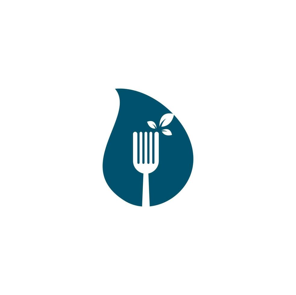 Healthy Food drop shape concept Logo design. Fork and leaf Logo icon. vector