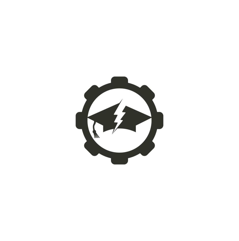 plantilla de logotipo de vector de concepto de forma de engranaje de tapa de educación flash. icono de símbolo de trueno y sombrero