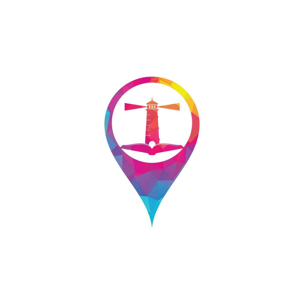 Book and Light House map pin shape concept Logo design template. Book lighthouse icon vector