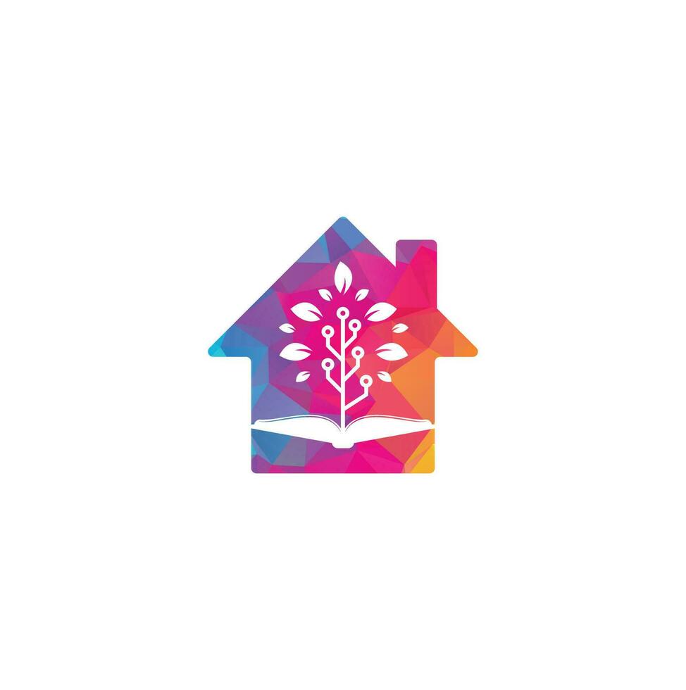 Education tech home shape concept logo design vector. Book and tech tree logo design vector