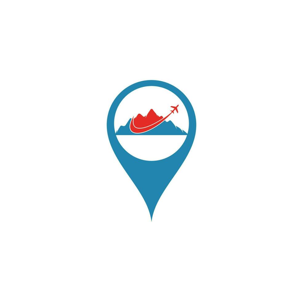 diseño de logotipo vectorial de concepto de forma de pin de mapa de avión y montaña. diseño de logotipo de viaje. avión con logo de montaña vector