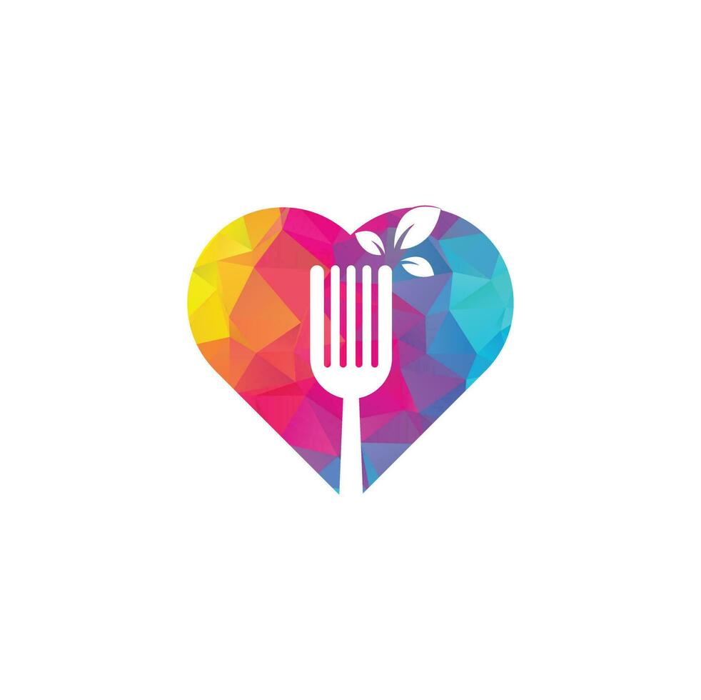 diseño de logotipo de concepto de forma de corazón de alimentos saludables. icono del logotipo de horquilla y hoja. vector