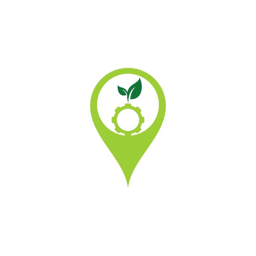 diseño de logotipo vectorial de concepto de forma de pin de mapa de hoja de engranaje. energía ecológica verde, tecnología e industria. vector