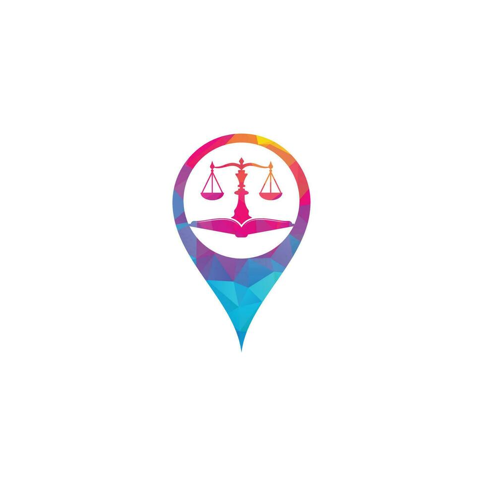 Law education map pin shape concept logo design. Vector Libra and open book logo combination.