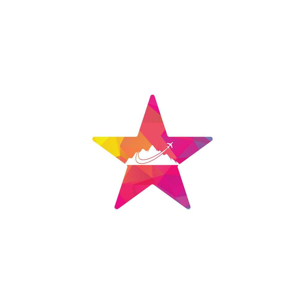 diseño de logotipo vectorial de concepto de forma de estrella de montaña y avión. diseño de logotipo de viaje. avión con logo de montaña vector