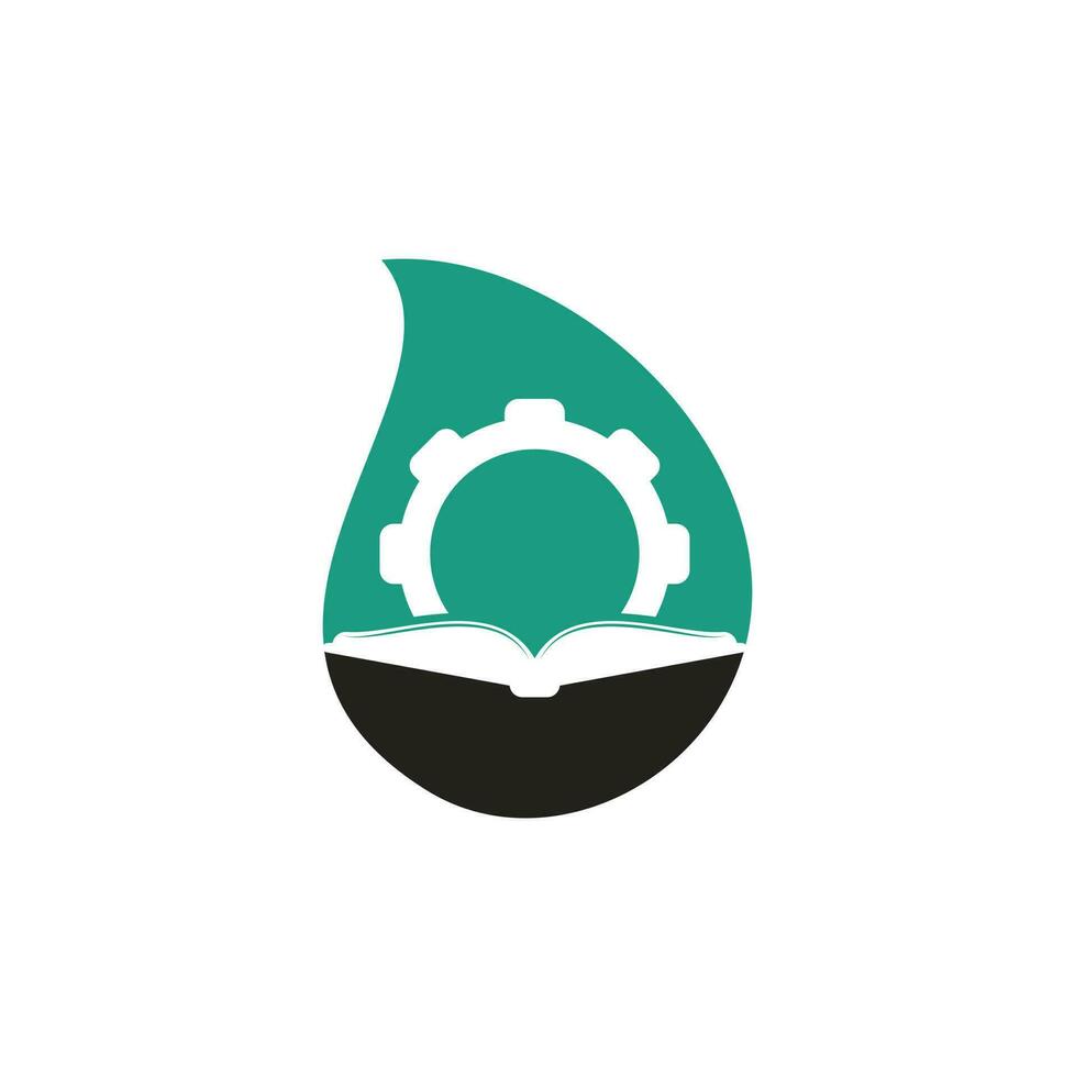Gear Book drop shape concept logo design template. Book and gear logo design vector