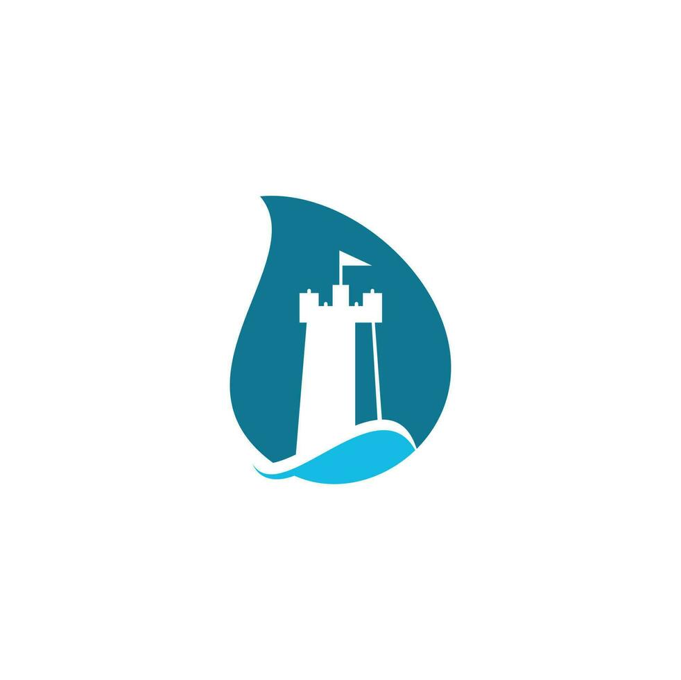 Castle Wave drop shape concept Logo Vector Icon Illustration. Simple castle and ocean wave logo