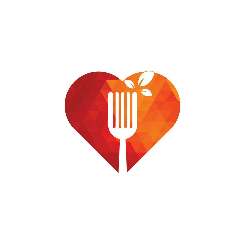 Healthy Food heart shape concept Logo design. Fork and leaf Logo icon. vector