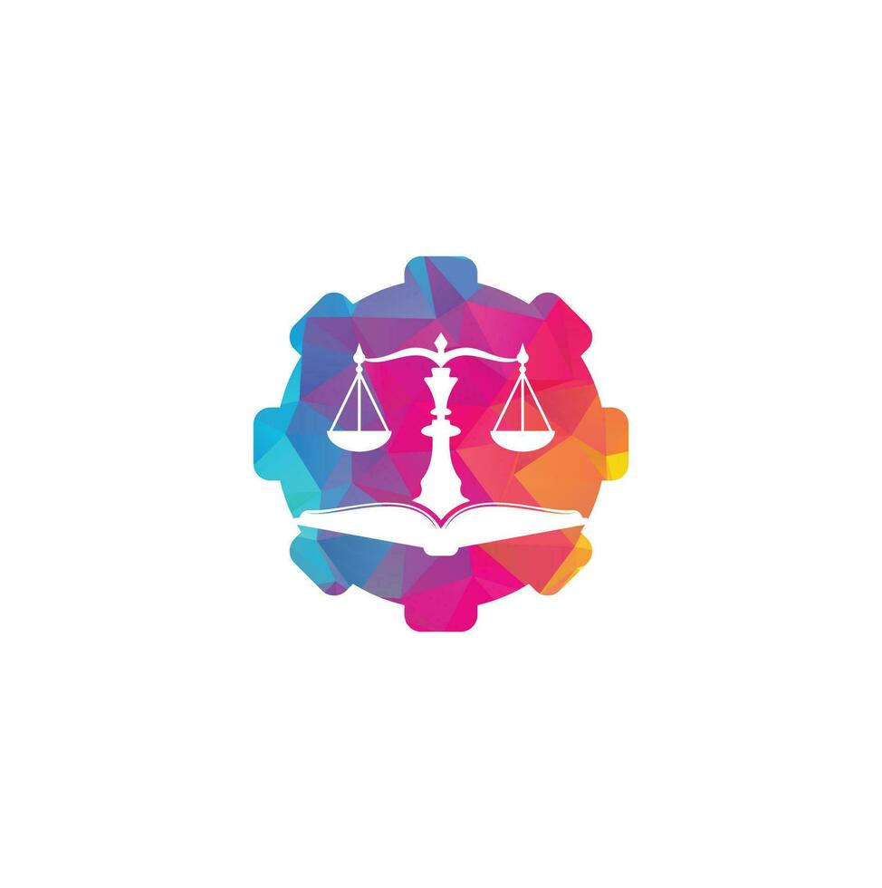 Law education gear shape concept logo design. Vector Libra and open book logo combination.