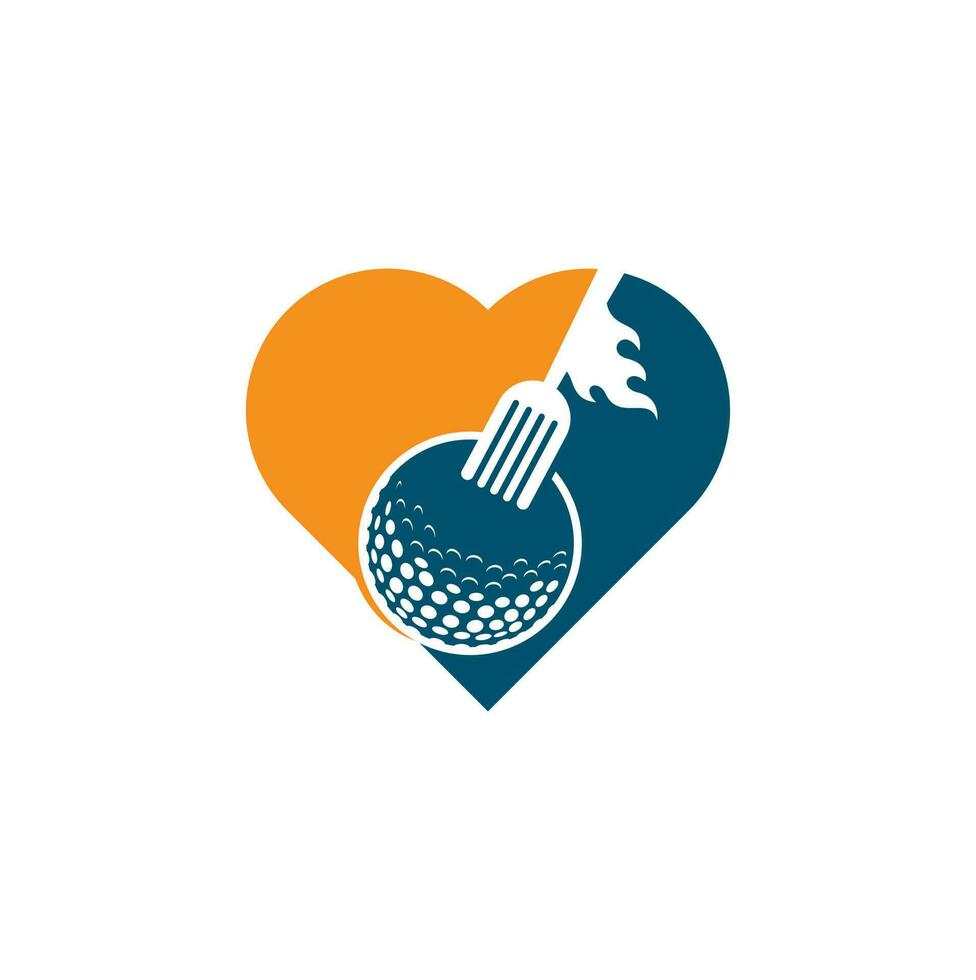plantilla de diseño de logotipo de concepto de forma de corazón de golf y tenedor. vector de diseño de logotipo de restaurante de golf