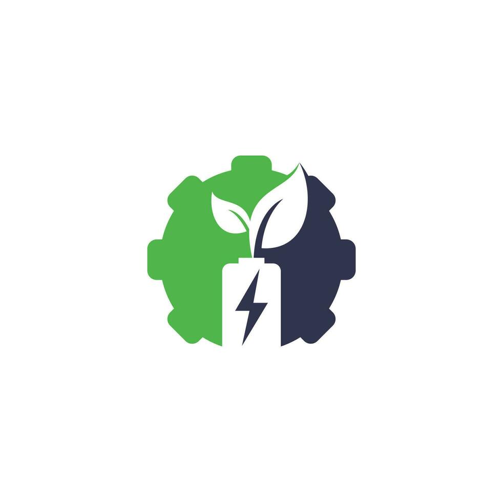 la batería deja el diseño del logotipo del vector del concepto de forma de engranaje. plantilla de logotipo de elemento de diseño de símbolo de energía natural de icono de batería y hoja