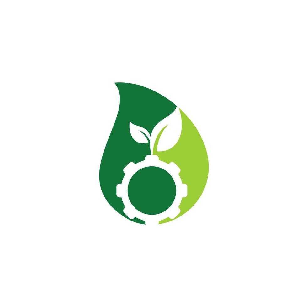 Gear leaf drop shape concept vector logo design. Green eco energy, technology and industry.