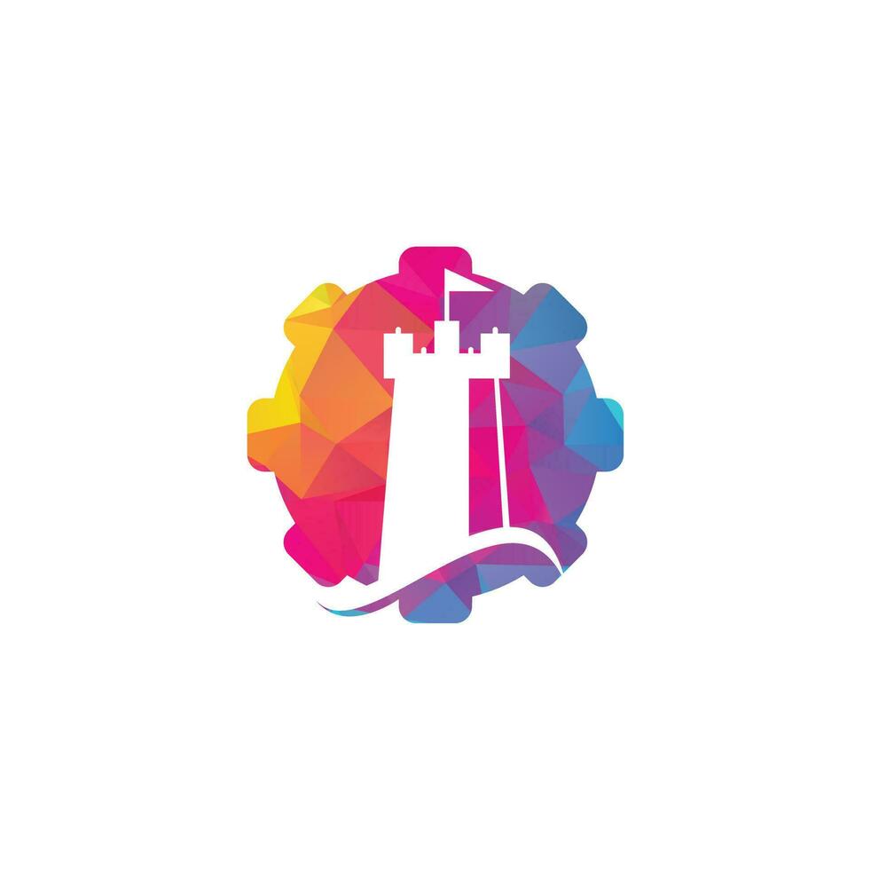 Castle Wave gear shape concept Logo Vector Icon Illustration. Simple castle and ocean wave logo
