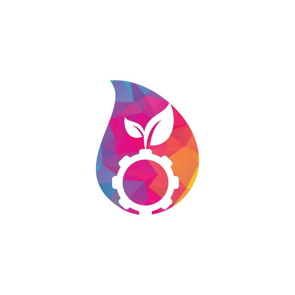 Gear leaf drop shape concept vector logo design. Green eco energy, technology and industry.