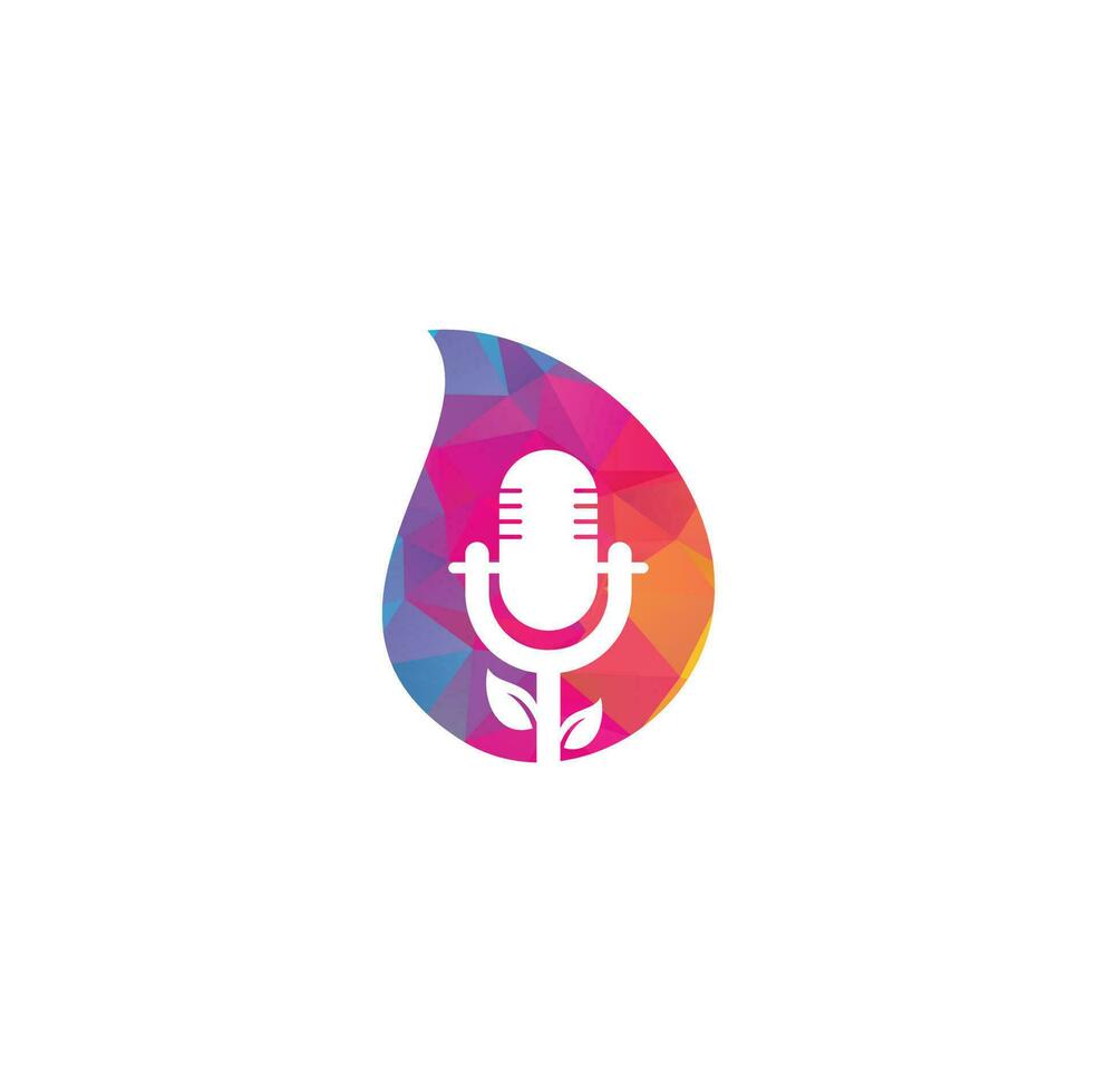 plantilla de diseño de logotipo de concepto de forma de gota de podcast de hoja. vector de plantilla de logotipo de podcast de naturaleza. logotipo de la naturaleza del podcast.