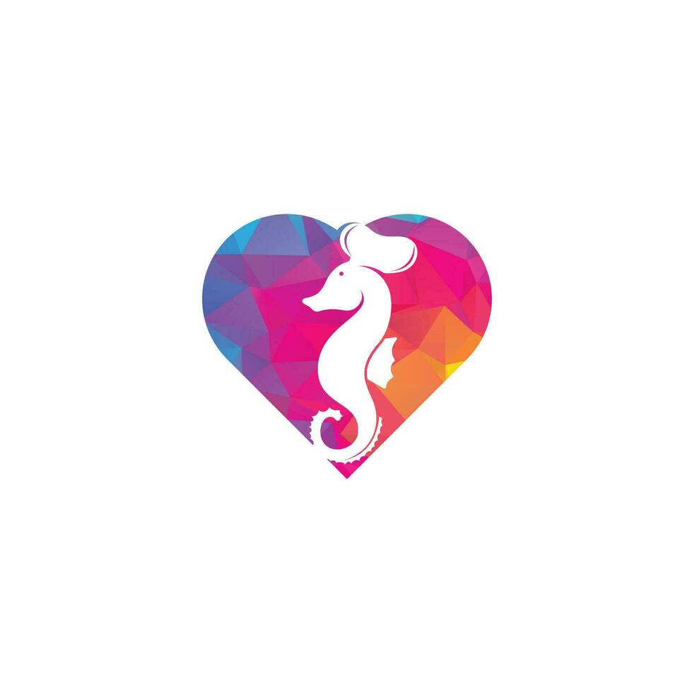 Seafood heart shape concept Logo. Seahorse Chef Knife Fork and Spoon Symbol Illustration. Chef and seahorse logo design template vector