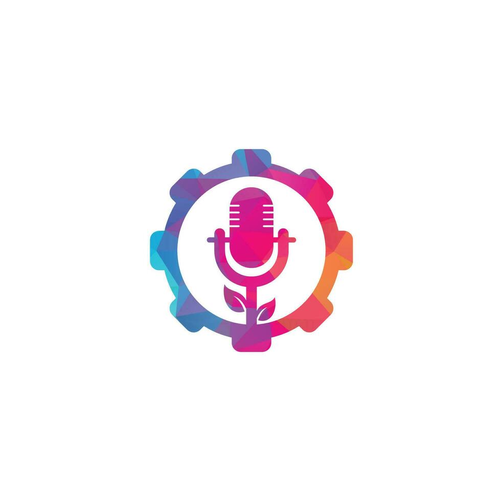 plantilla de diseño de logotipo de concepto de forma de engranaje de podcast de hoja. vector de plantilla de logotipo de podcast de naturaleza. logotipo de la naturaleza del podcast.