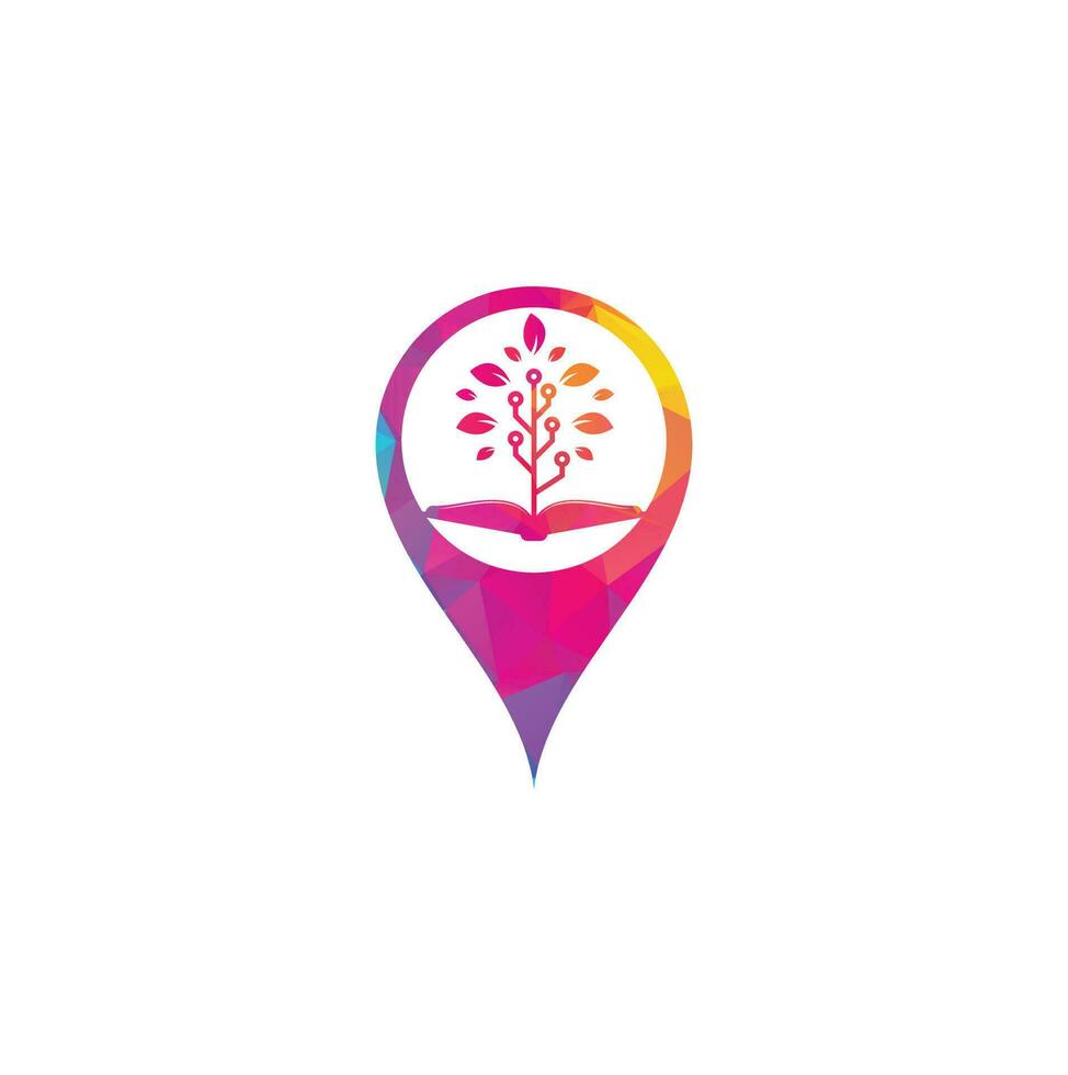 Book and tech tree map pin shape concept logo design. Education tech logo design vector