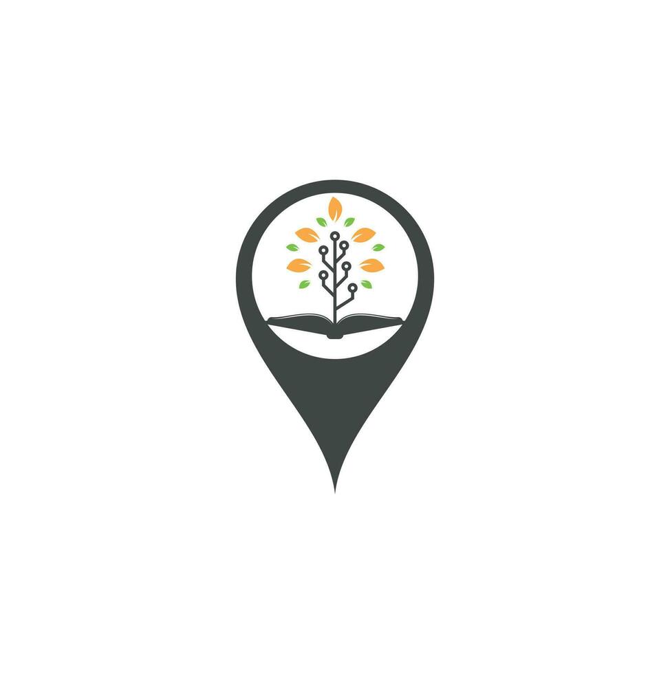 Book and tech tree map pin shape concept logo design. Education tech logo design vector
