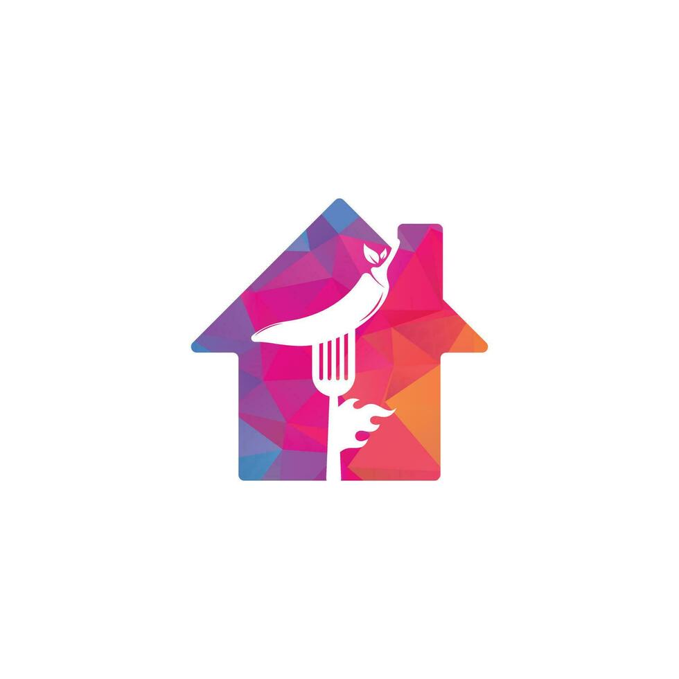 Hot Chili With Fork home shape concept Logo Design. Chili and fork logo template suitable for spicy food, restaurant menu. vector