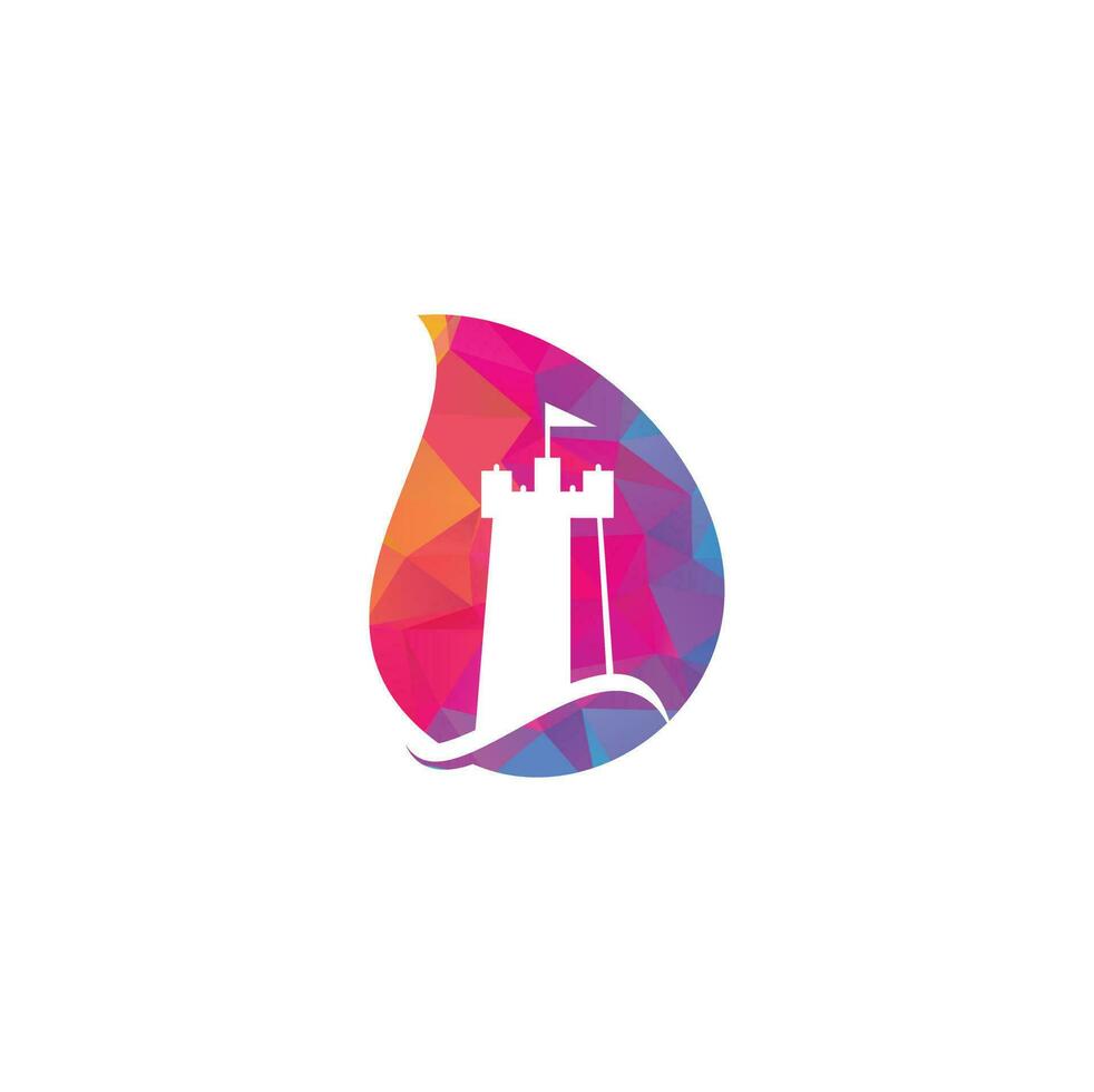 Castle Wave drop shape concept Logo Vector Icon Illustration. Simple castle and ocean wave logo