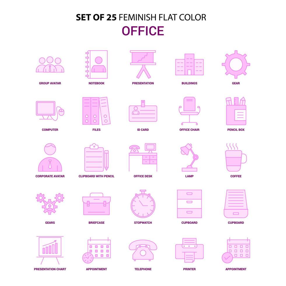 Set of 25 Feminish Office Flat Color Pink Icon set vector