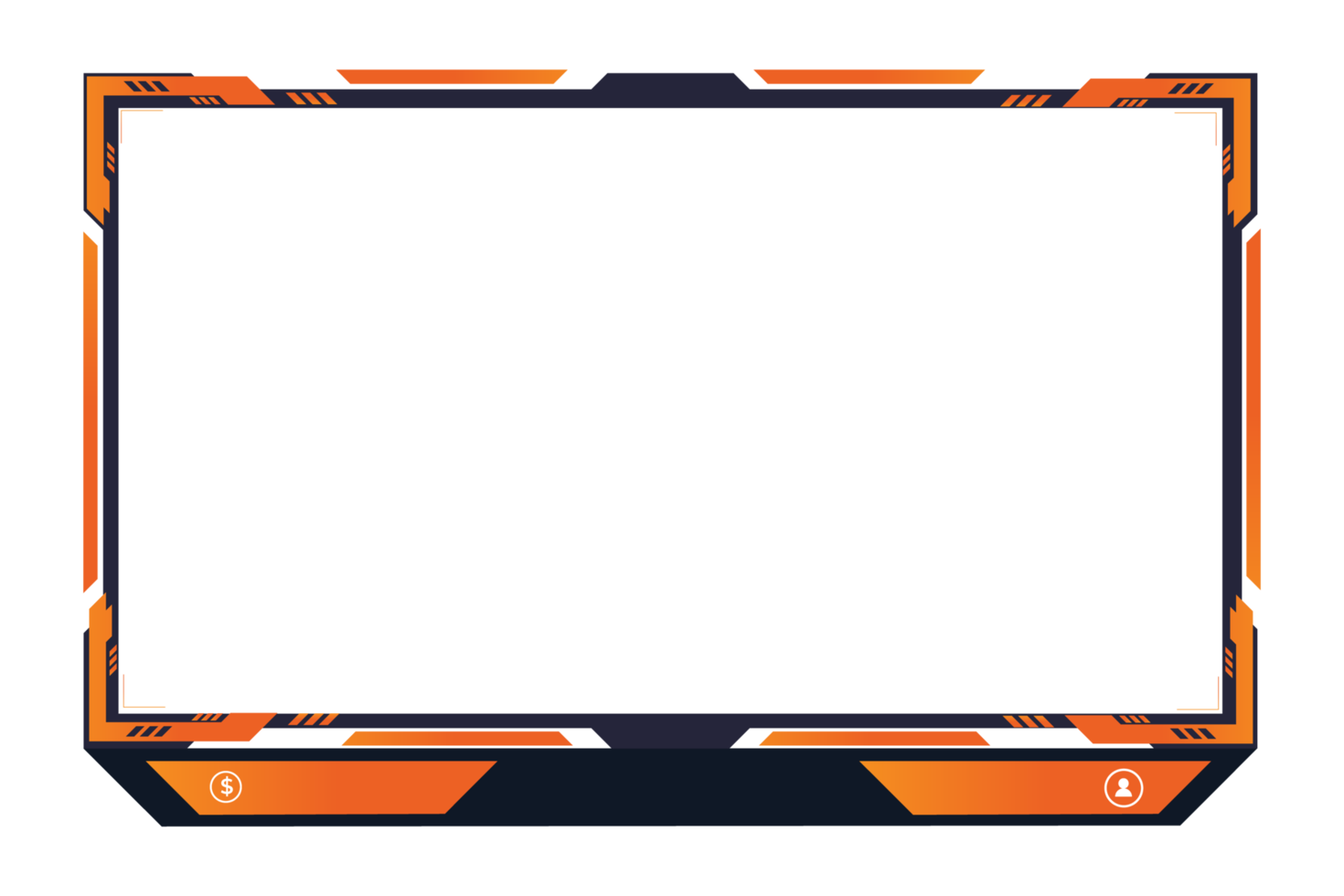 Modern game frame decoration with orange color shapes on a transparent background. Live game streaming overlay design for broadcast screen panel. Streaming overlay frame and screen interface PNG. png