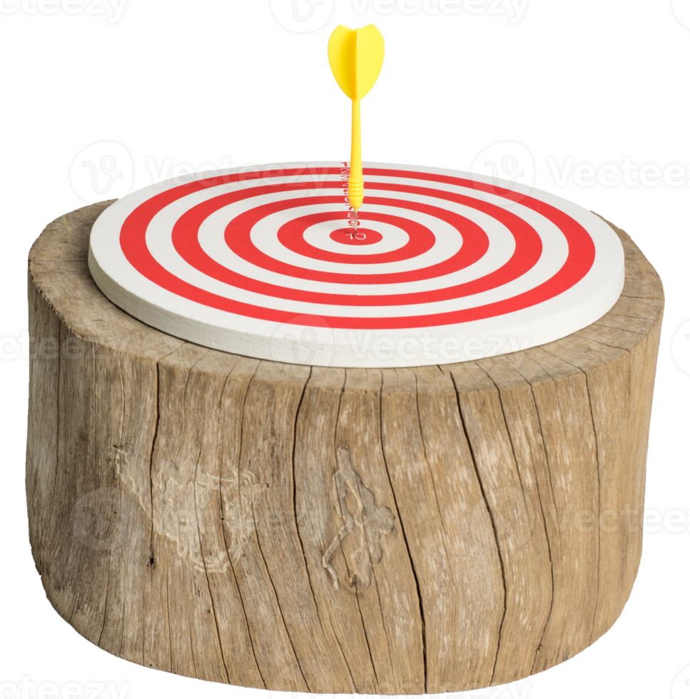 Dart board with darts arrow in the target center on wood isolated png