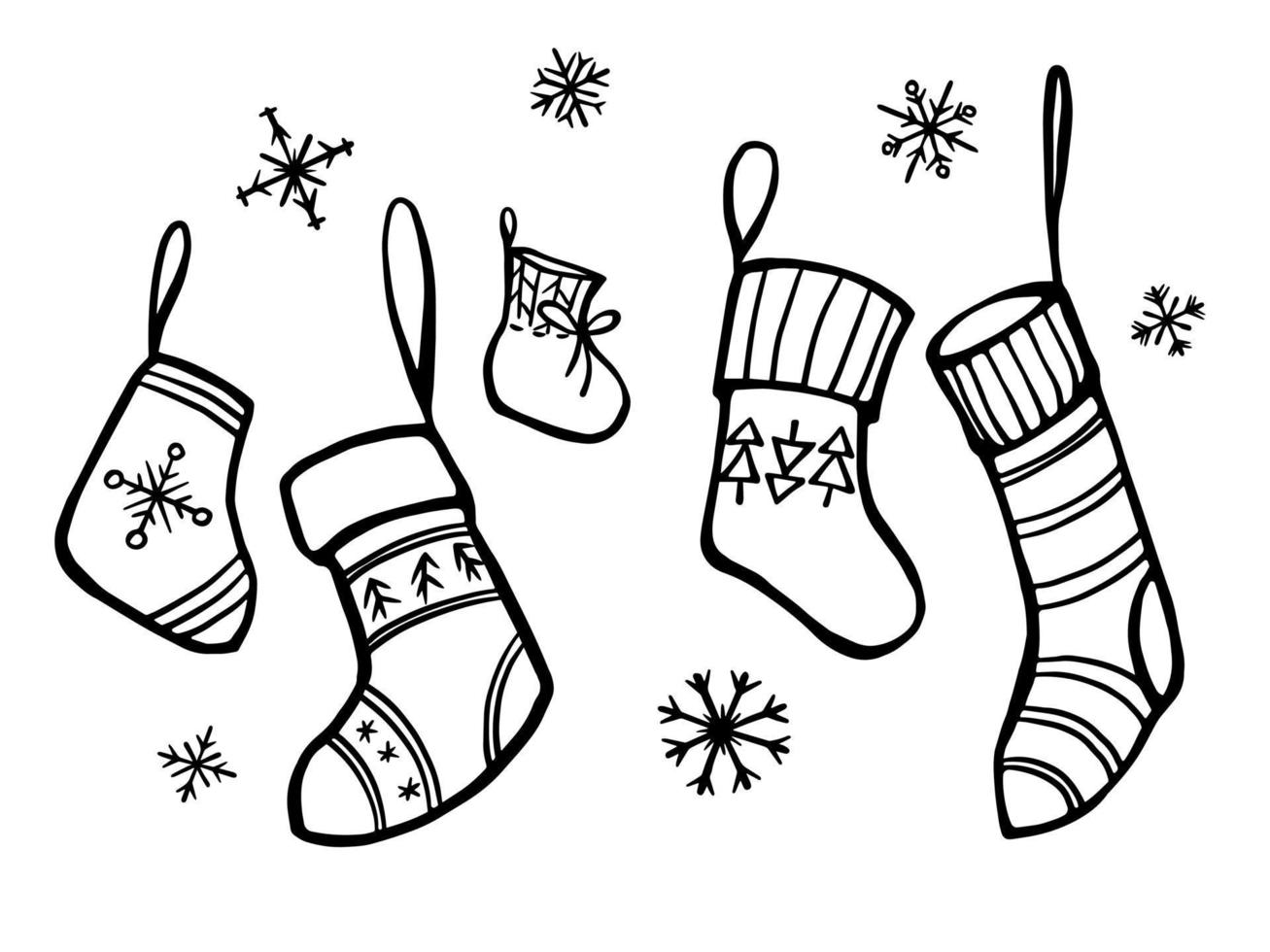 medias de navidad vector doodle ilustración. calcetines para regalos con copos de nieve. conjunto simple de elementos de diseño de vacaciones dibujados a mano.
