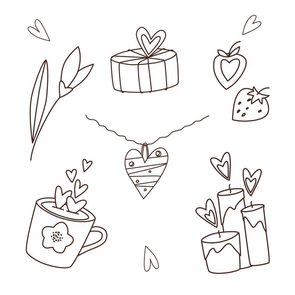 Dibujo vectorial de garabatos del día de San Valentín de collar de corazón, caja de regalo, flor de campanilla, fresa, velas y taza. conjunto de ilustraciones románticas de elementos de diseño para tarjetas de felicitación de San Valentín, etiquetas de regalo. vector