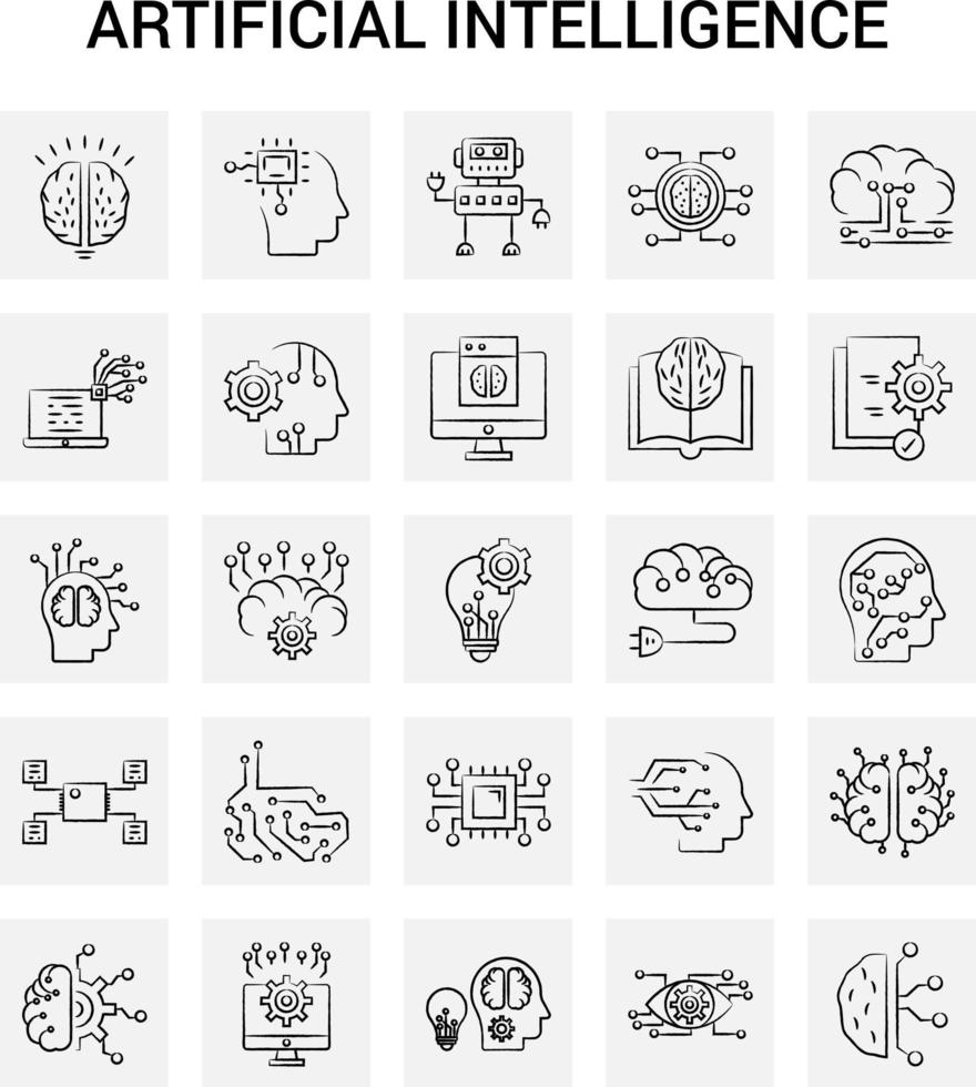 25 Hand Drawn Artificial Intelligence icon set Gray Background Vector Doodle