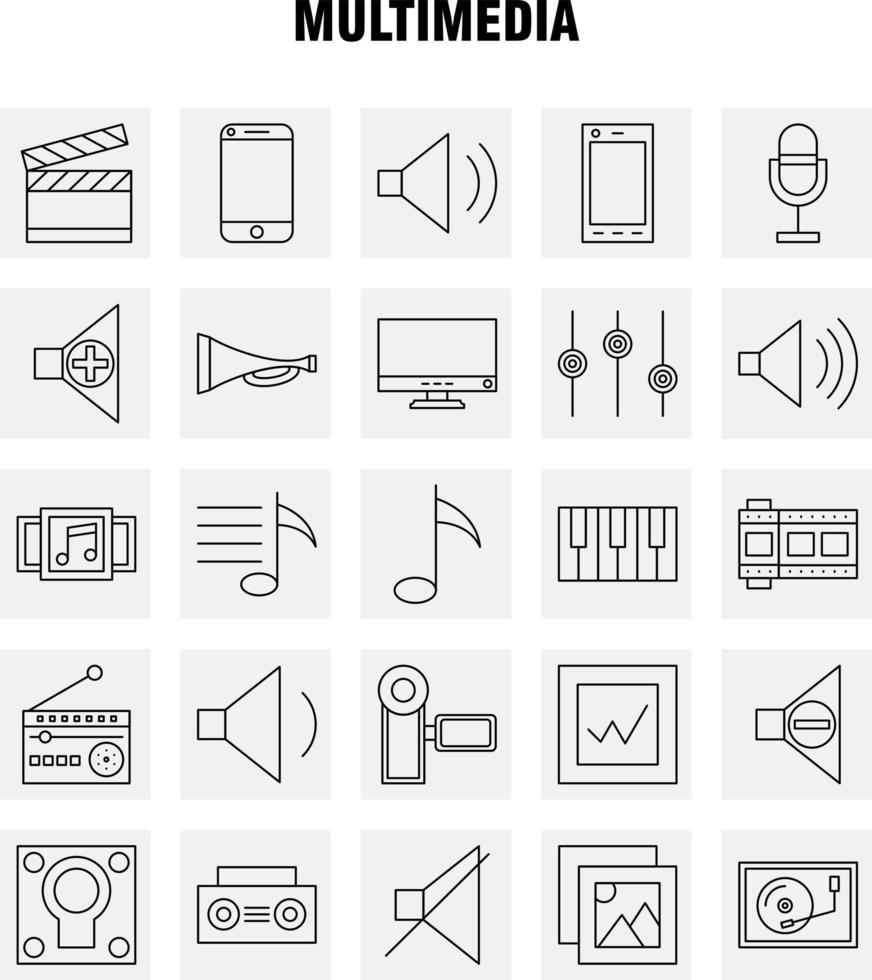 icono de línea multimedia para impresión web y kit de uxui móvil, como teléfono móvil, teléfono inteligente, llamada, cámara, archivo, foto, diapositiva, pictograma, paquete, vector