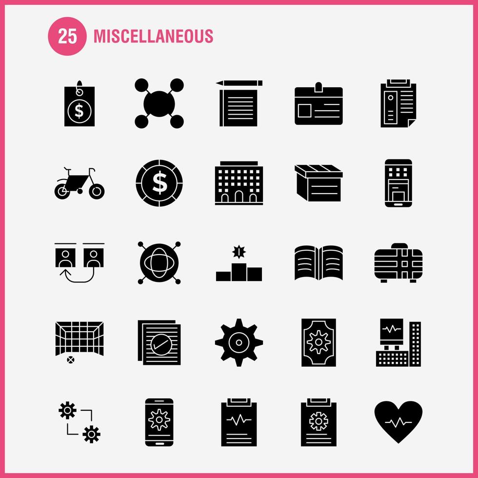 Miscellaneous Solid Glyph Icons Set For Infographics Mobile UXUI Kit And Print Design Include Cog Gear Settings Setting Coin Dollar Money Bag Icon Set Vector