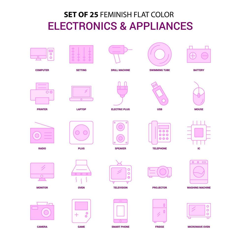 Set of 25 Feminish Electronics and Appliances Flat Color Pink Icon set vector
